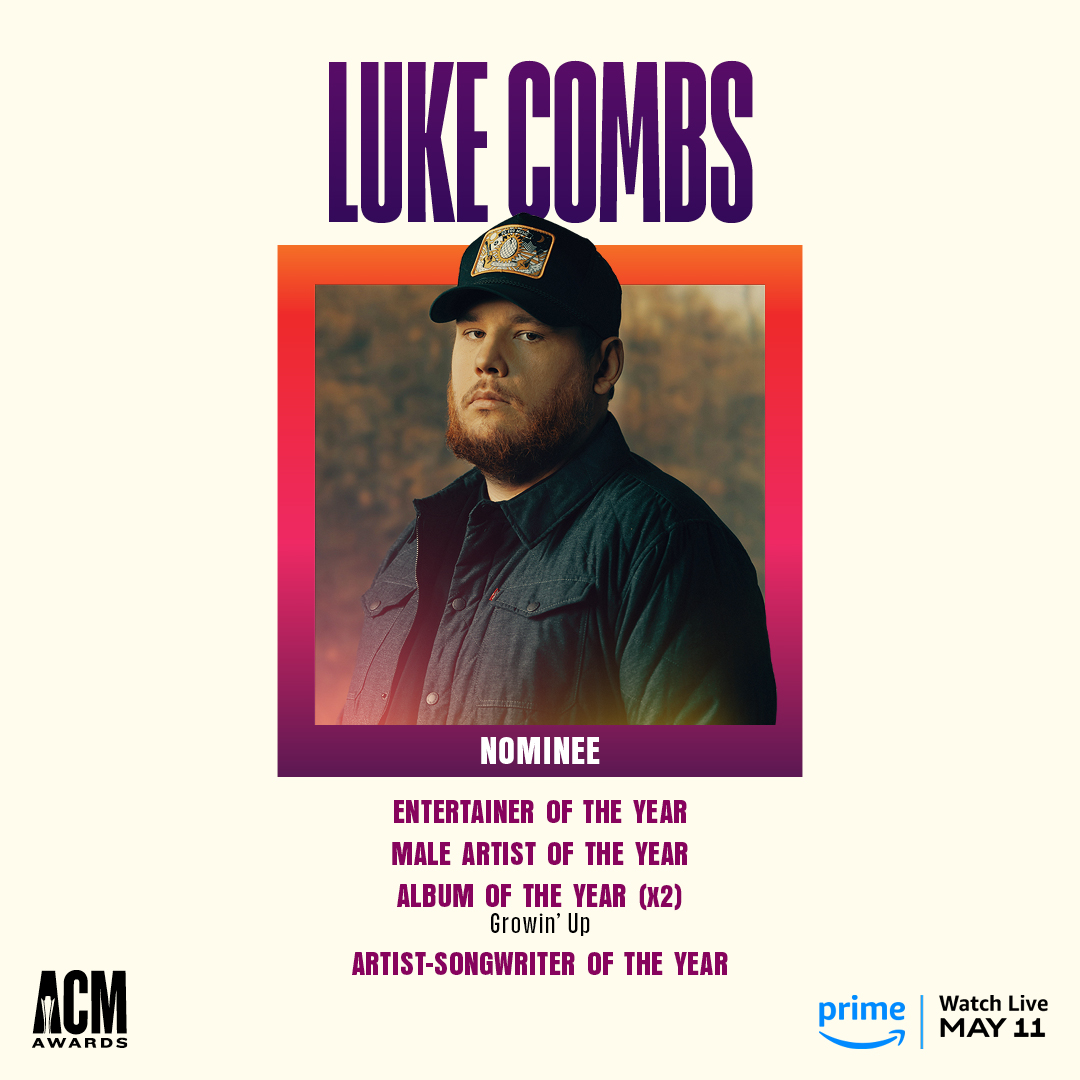Luke Combs' 2023 ACM Nominations: Entertainer of the Year, Male Artist of the Year, Album of the Year ("Growin' Up"), and Artist-Songwriter of the Year.