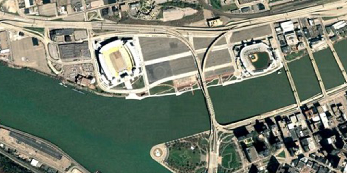 Actual birds-eye-view image of the development area before construction began.